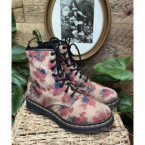 Dr. Martens Castel 9 Floral Boots Taupe Blue Red Tall Lace Up Cottage Combat Tan
